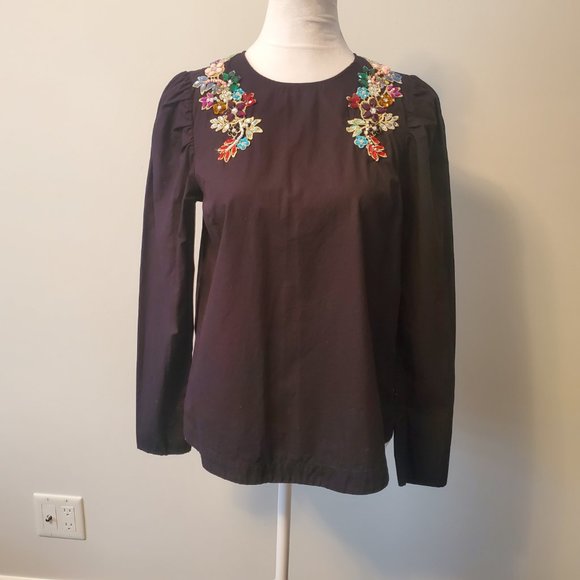 Gorgeous Colourful Bejewelled Applique Modest Blouse Black Long Puff Sleeve 8 - Picture 4 of 9